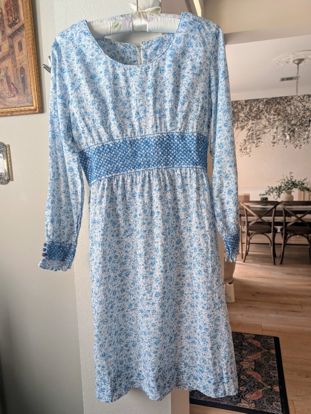 Vintage 1970s Handmade Cottagecore Smocked Floral Midi Dress | Blue & White Prai